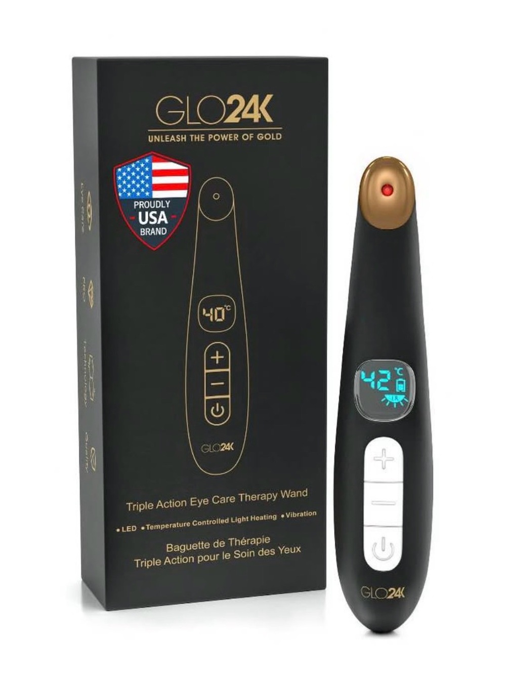GLO24K Triple-Action Eye Care Therapy Wand - Black & Gold. NEW!!!!
